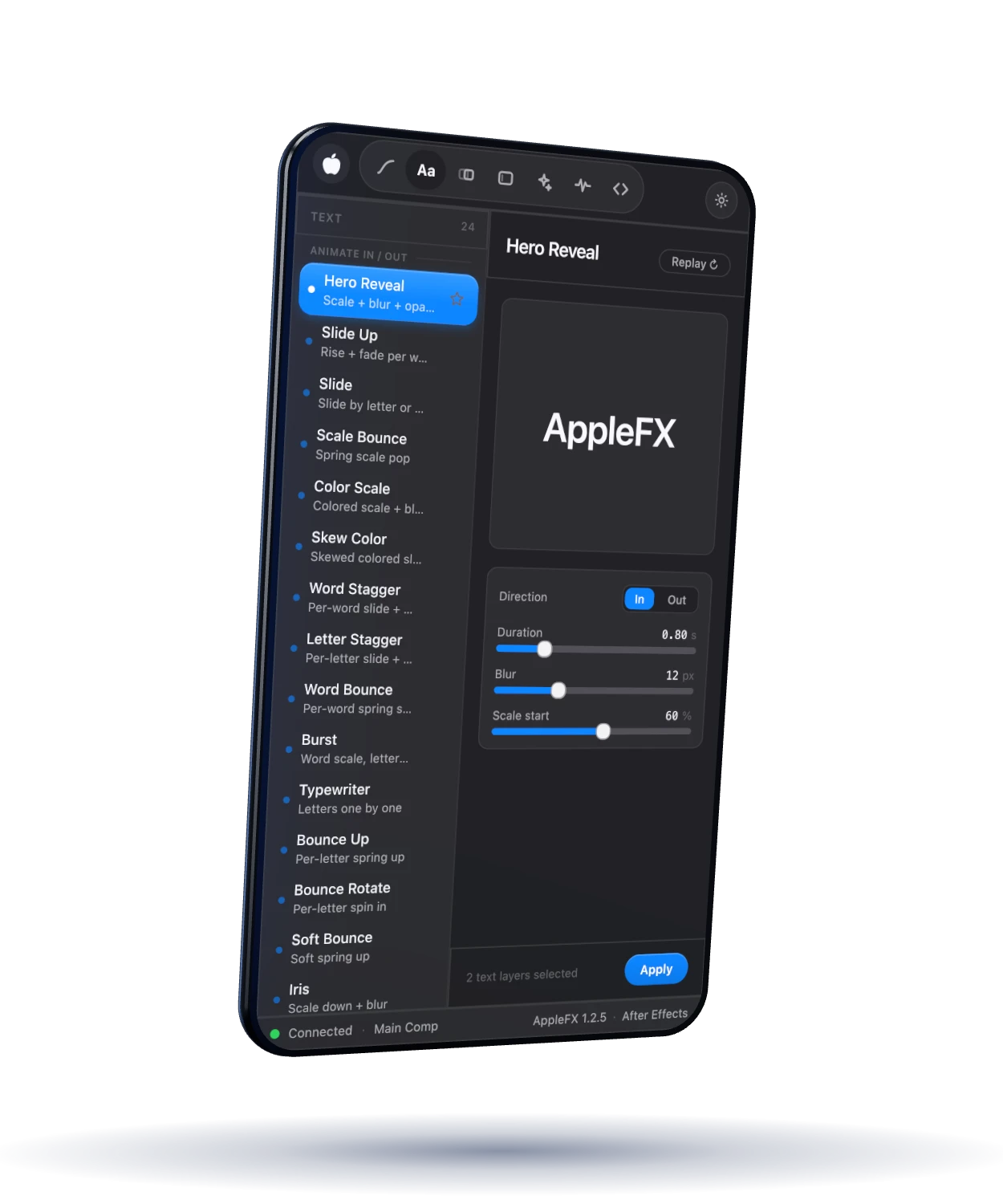 AppleFX panel for After Effects in 3D