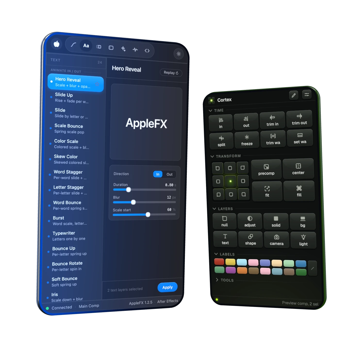 AppleFX and Cortex panels for After Effects in 3D