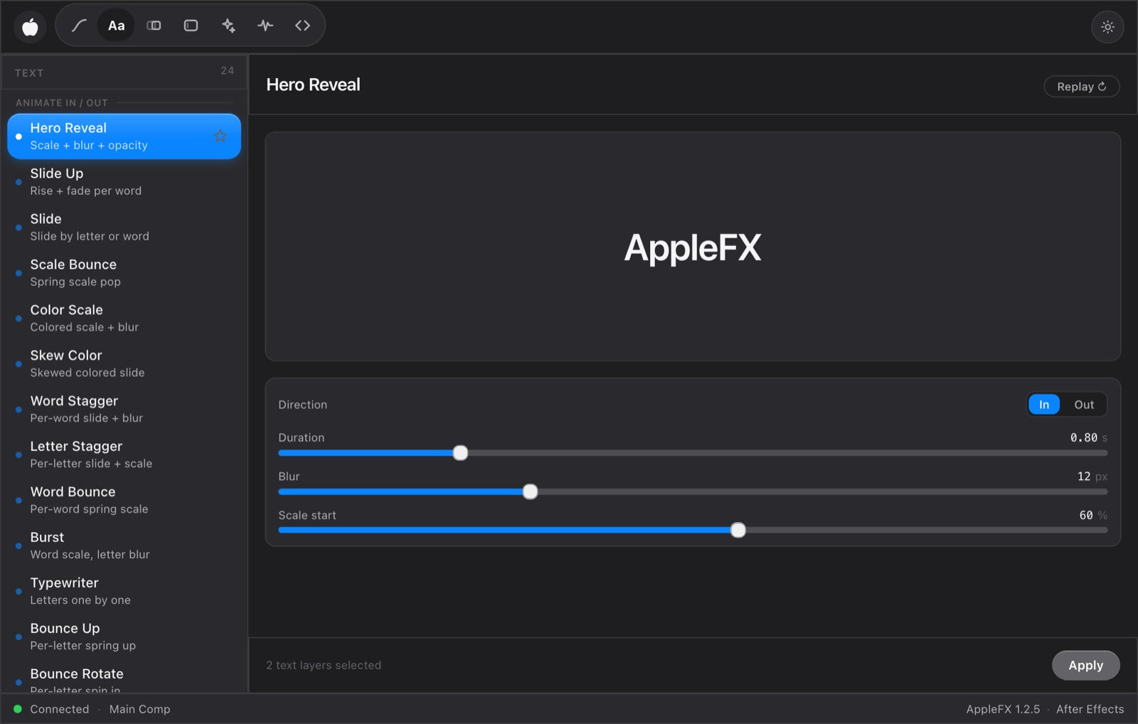 The AppleFX panel