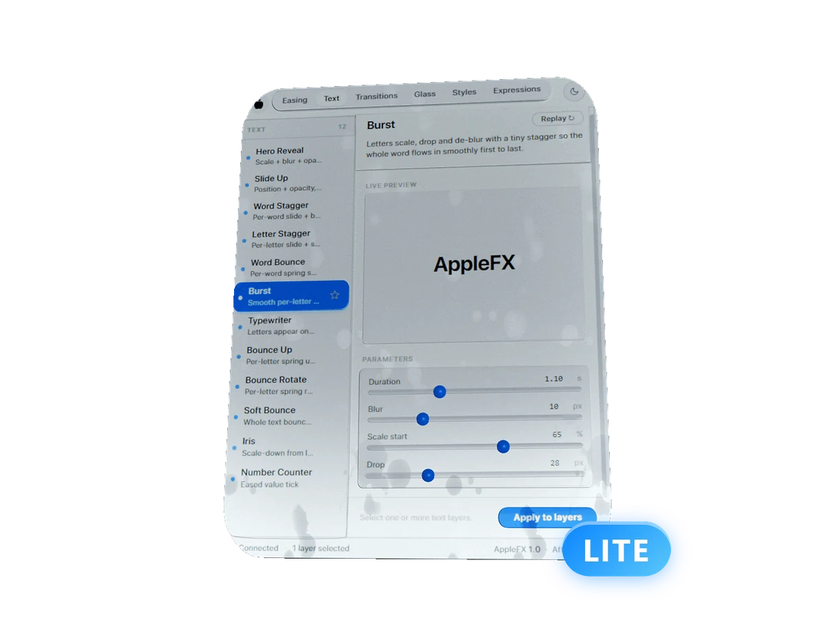AppleFX Lite, free After Effects panel with 7 presets